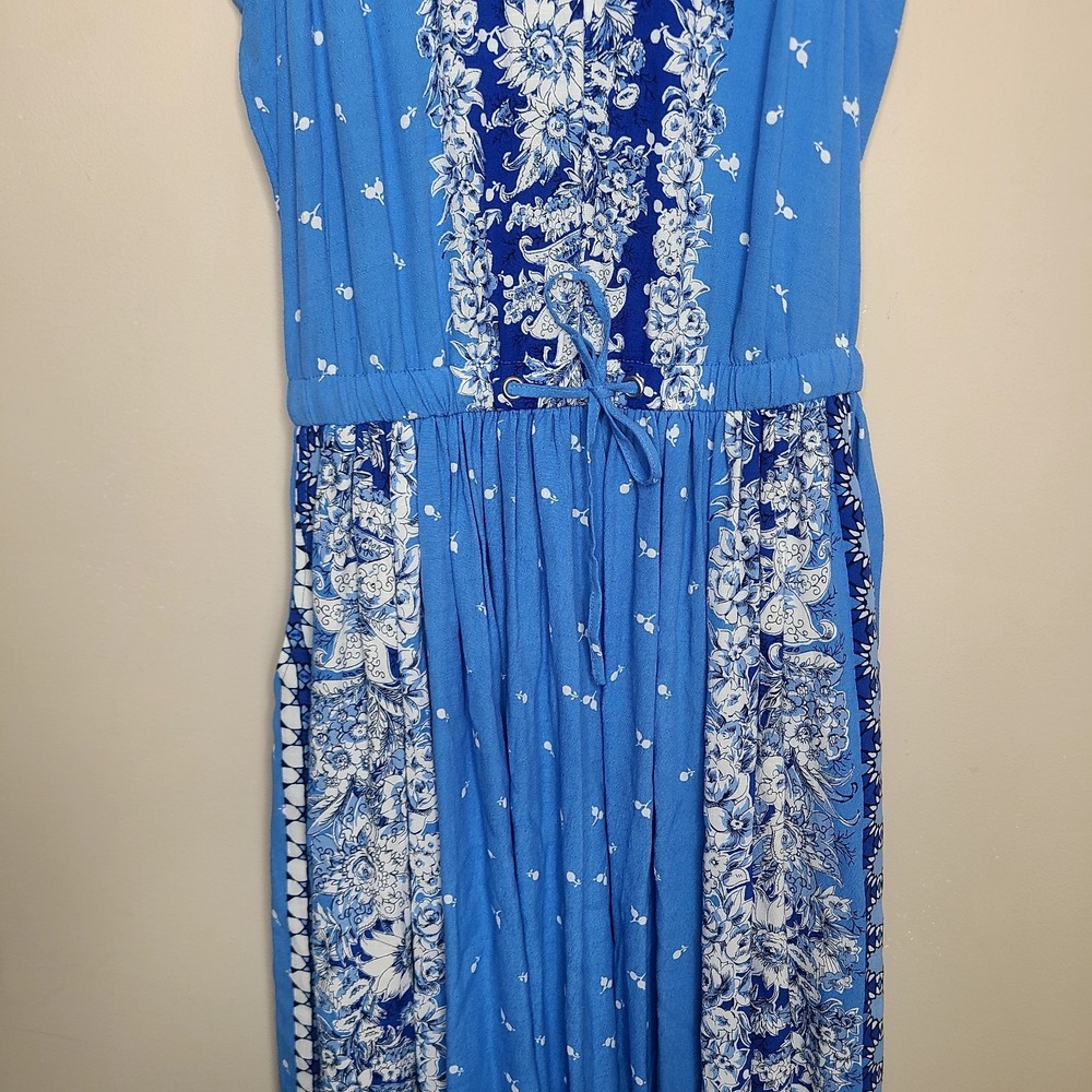 Loft Midi Dress XS Blue Floral Sleeveless Back Cut Out Pockets Drawstring - Picture 3 of 7